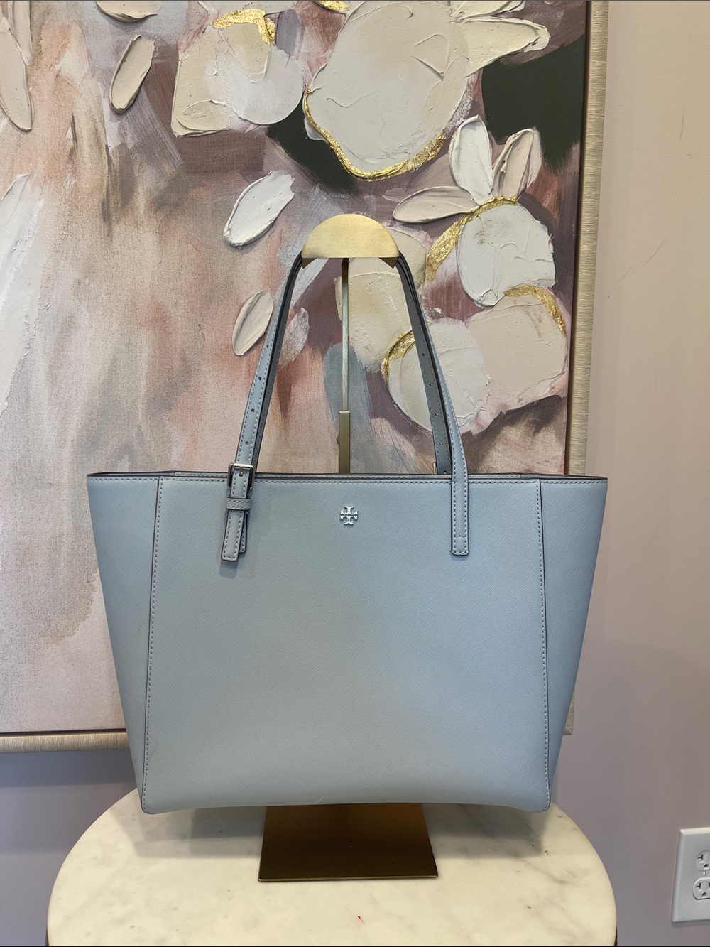 Tory Burch Pale Blue Emerson Saffiano Leather Tote
